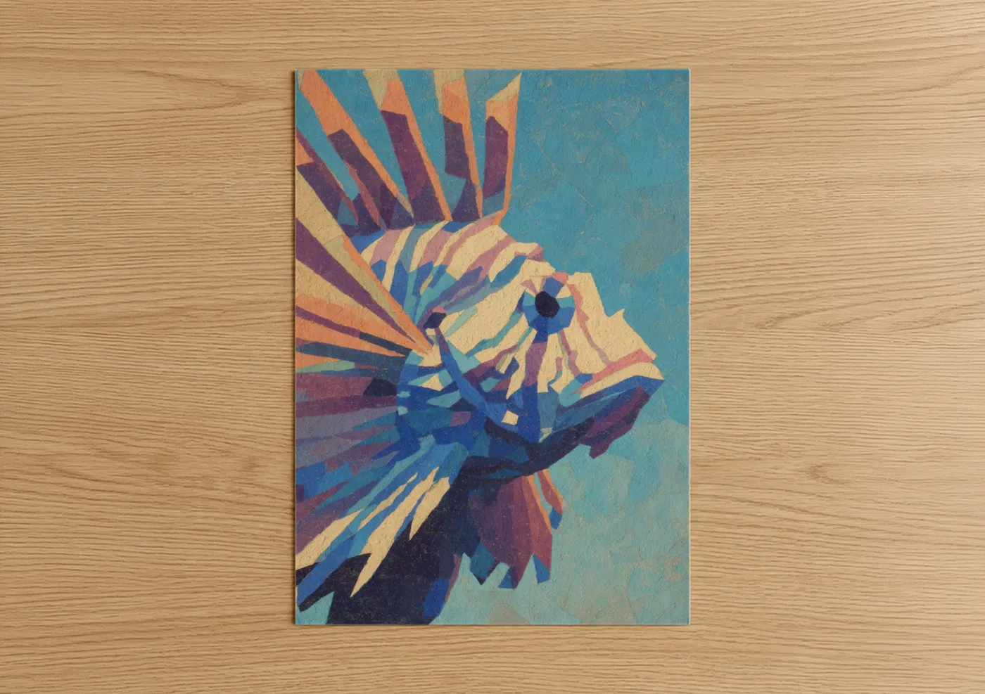 Art print on warm oak wood — blue and gold palette — Radiant Lionfish poster