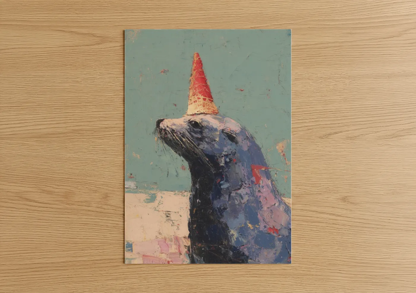 Art print on warm oak wood — blue palette — Playful Sea Lion poster