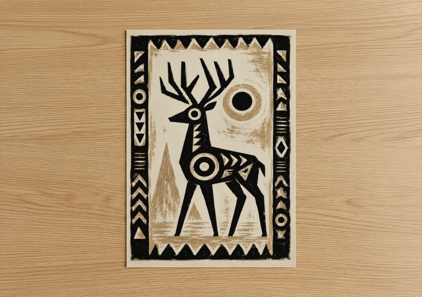 Art print on warm oak wood — black and white and beige palette — Geometric Deer Tribal Wall Art poster
