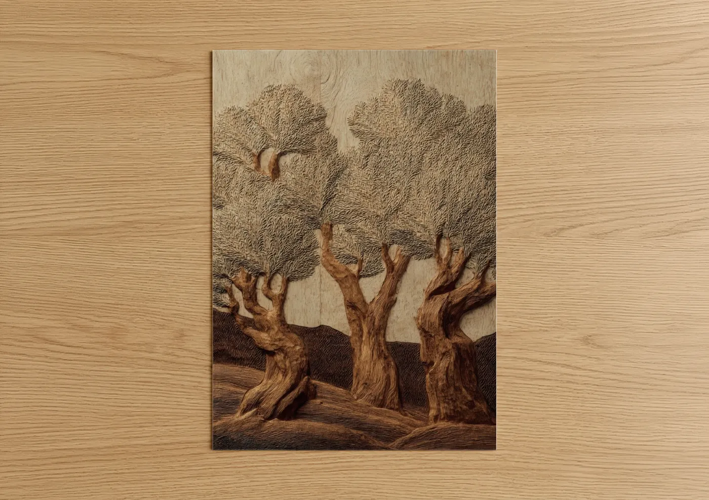 Ancient Olive Trees Woodcarving Relief Wall Art
