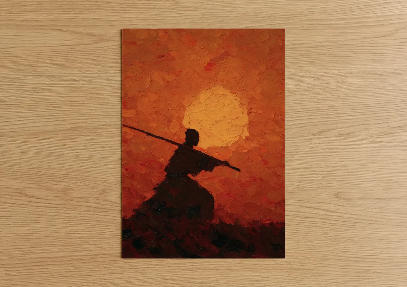 Kung fu art print on warm oak wood — red and gold palette — Sunset Warrior poster