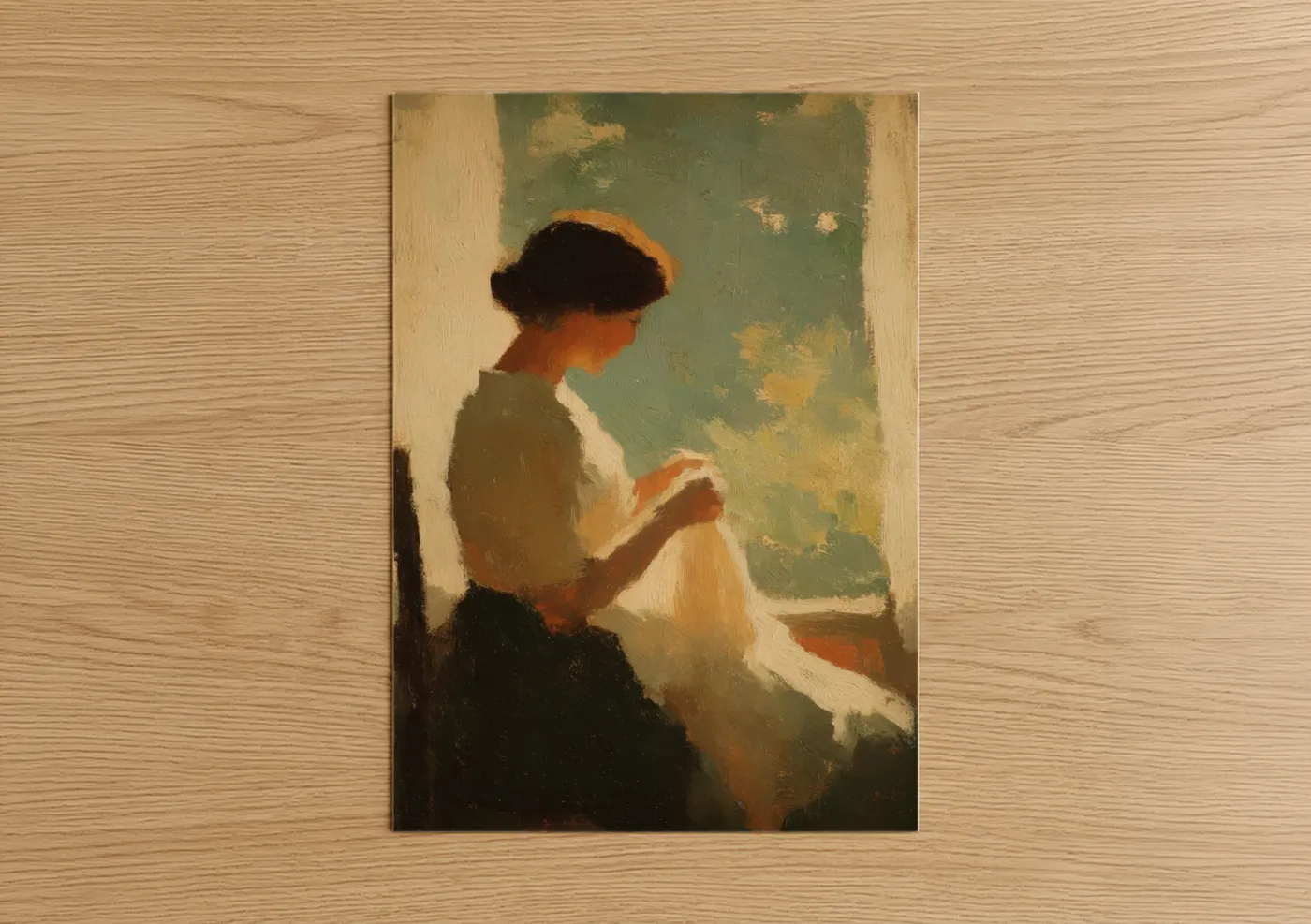 Knitting and sewing art print on warm oak wood — sage green and cream palette — Window Knitter poster