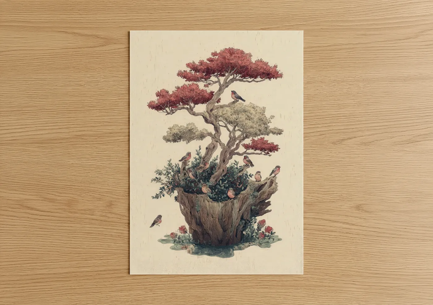 Crimson Bonsai Tree with Birds Illustration Wall Art