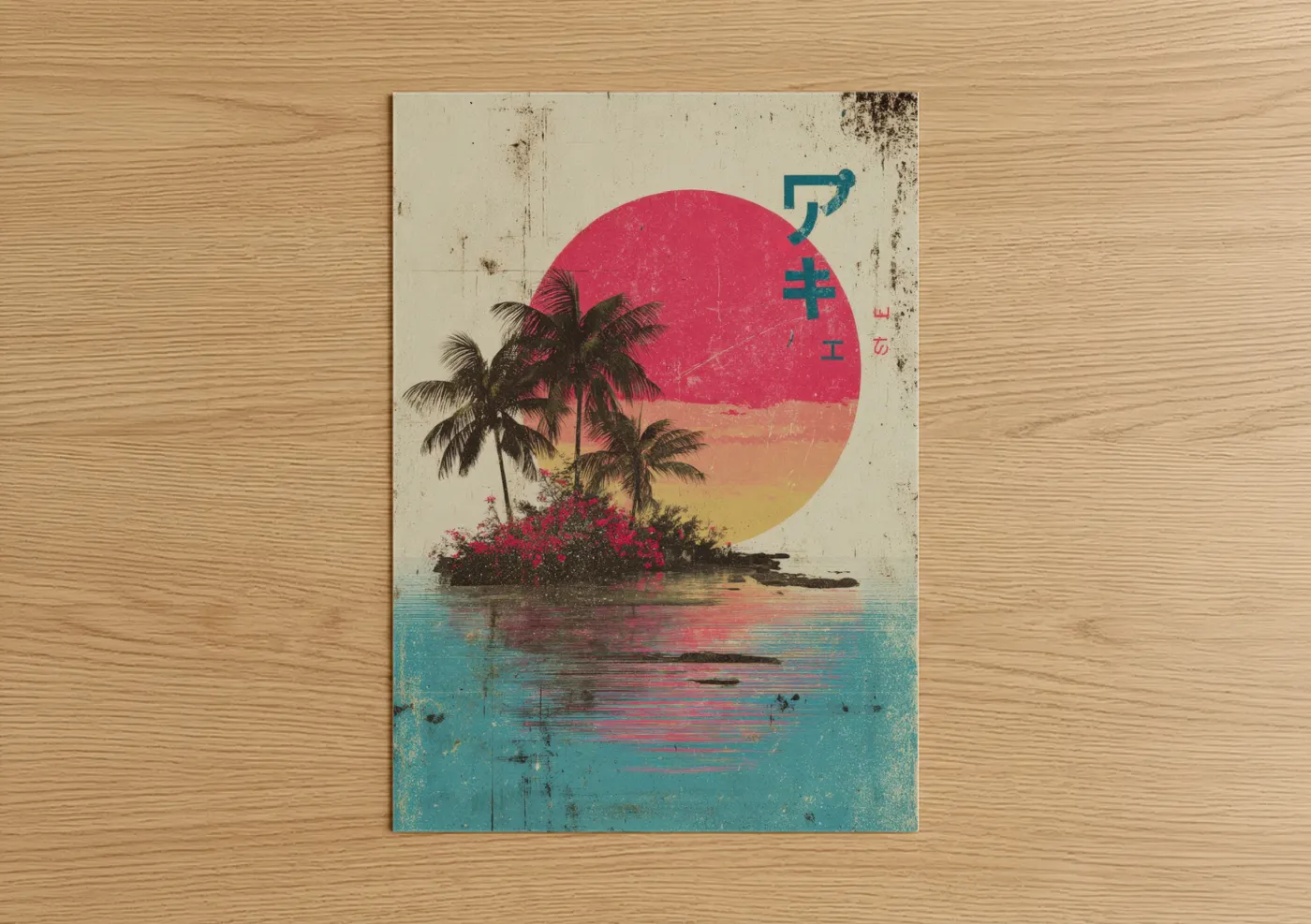 Art print on warm oak wood — magenta and teal palette — Tropical Island Sunset poster