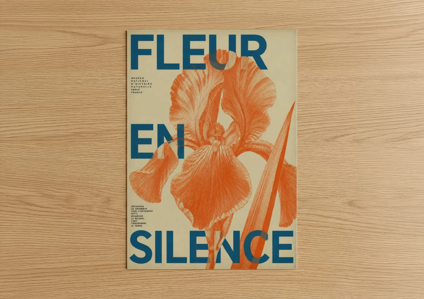 Art print on warm oak wood — orange and blue palette — Vintage Iris Botanical Museum Wall Art poster