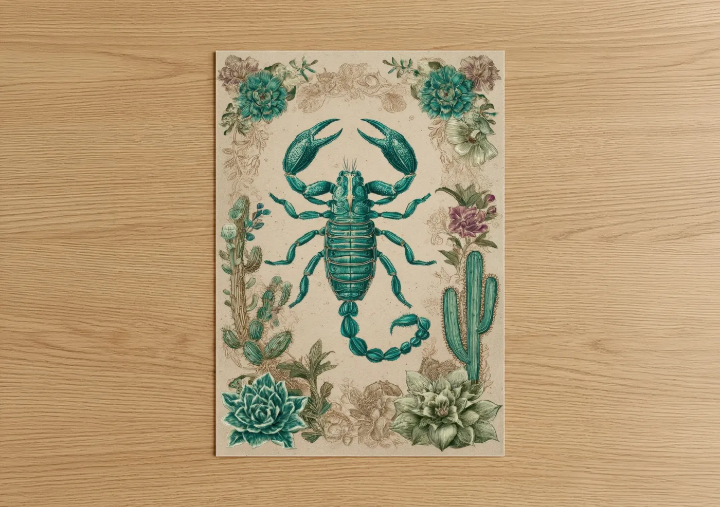 Scorpions art print on warm oak wood — teal and cream palette — Teal Scorpion Garden poster