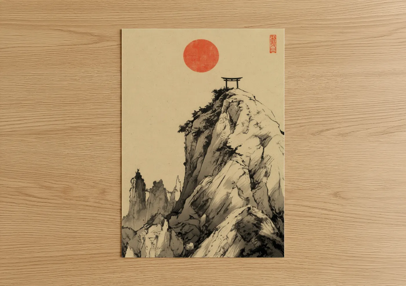 Abstract classic art print on warm oak wood — black and white and red palette — Crimson Summit Gate poster