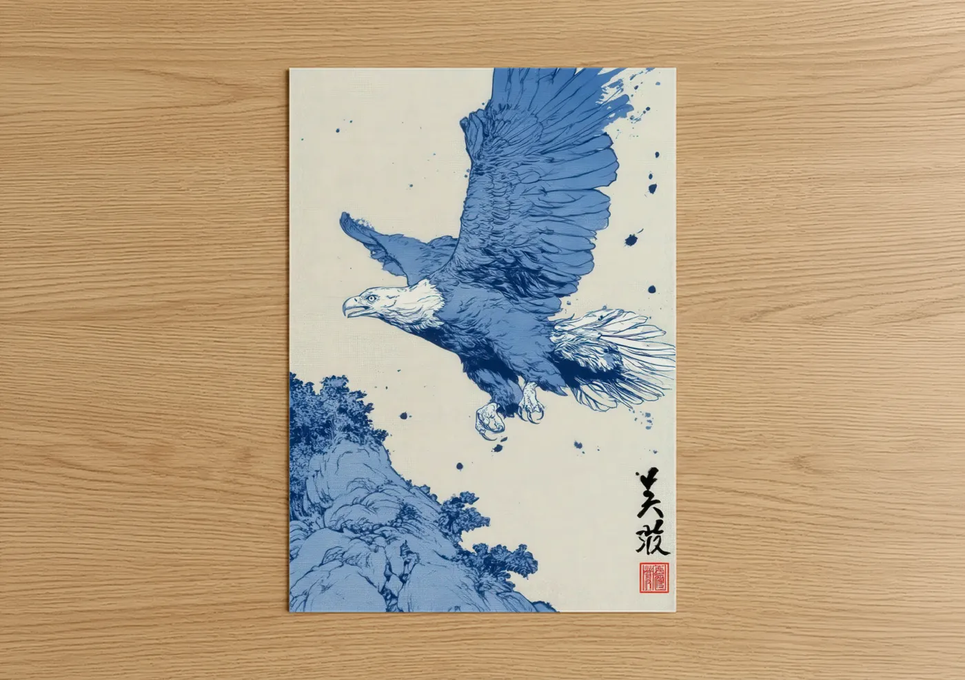 Art print on warm oak wood — blue and white palette — Soaring Eagle poster