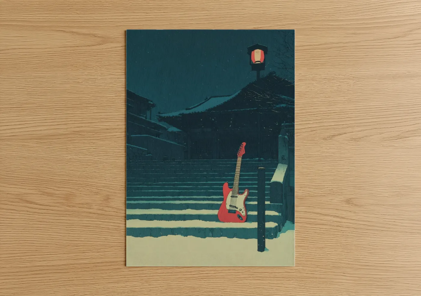 Electric guitar art print on warm oak wood — dark blue and cream palette — Snowy Serenade poster