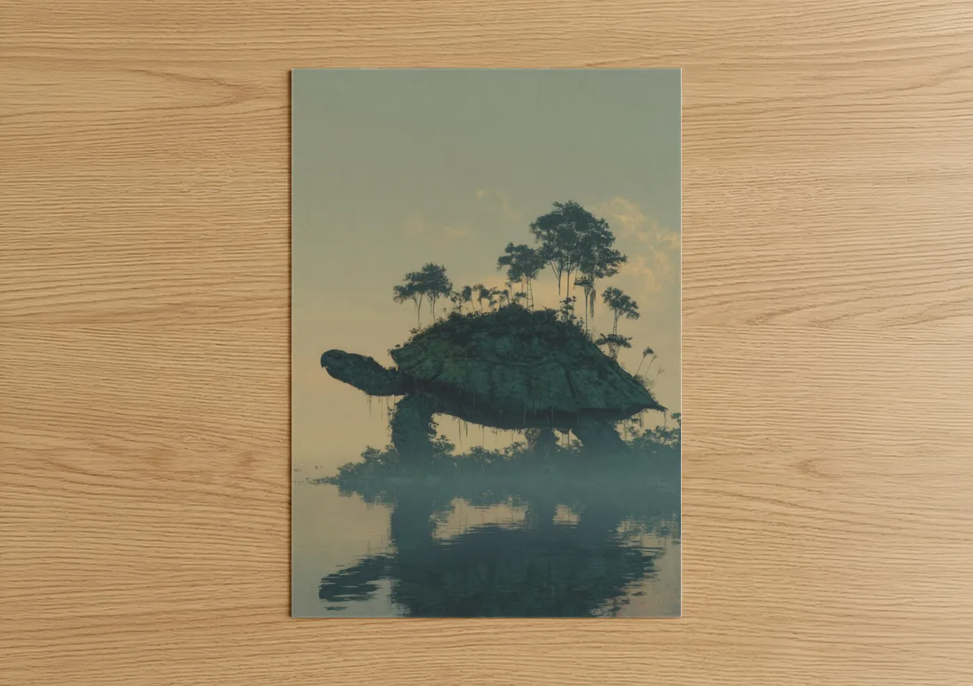 Art print on warm oak wood — sage green and cream palette — Turtle Island Paradise poster
