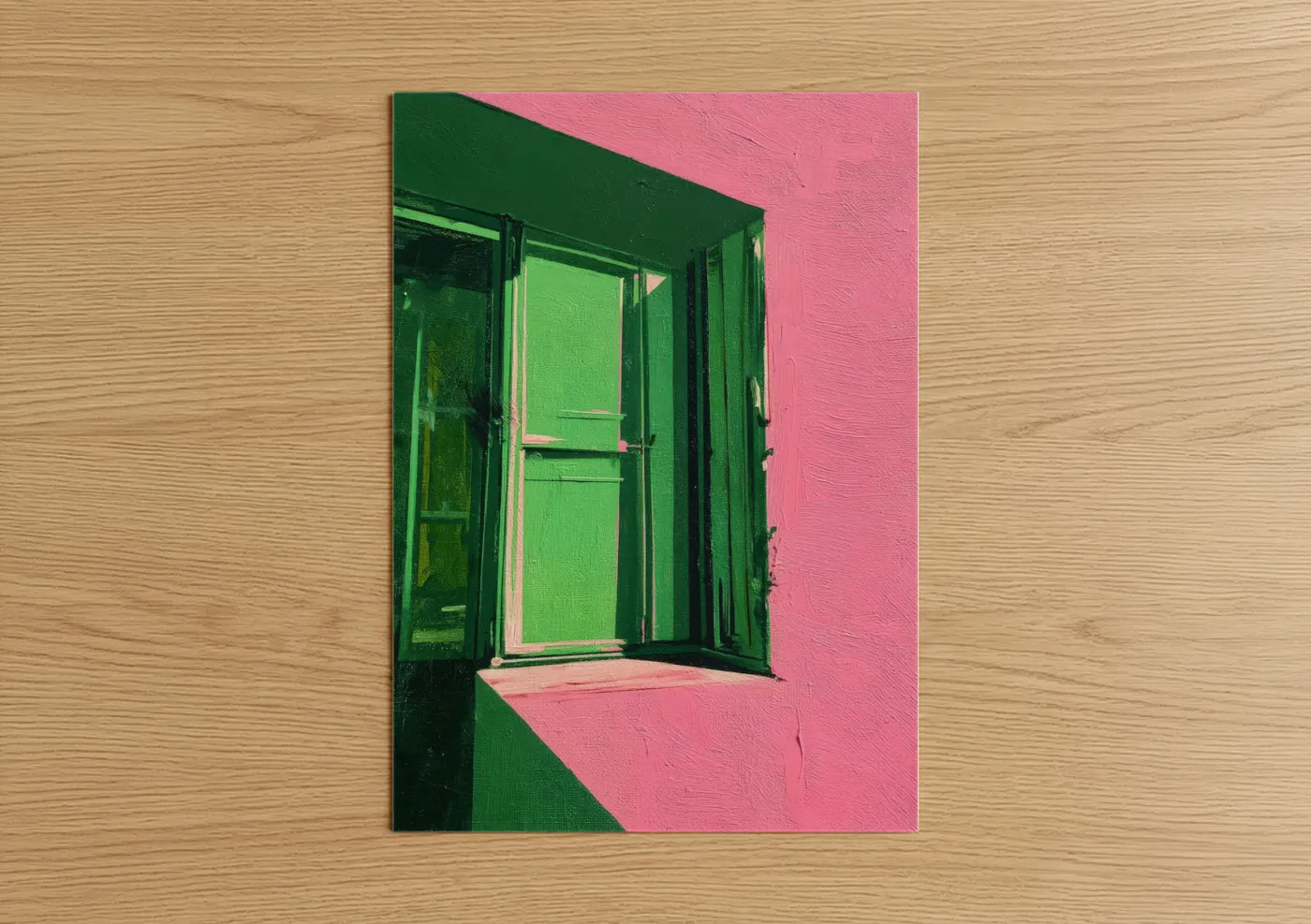 Abstract architecture art print on warm oak wood — lime green and pink palette — Neon Window Frame poster