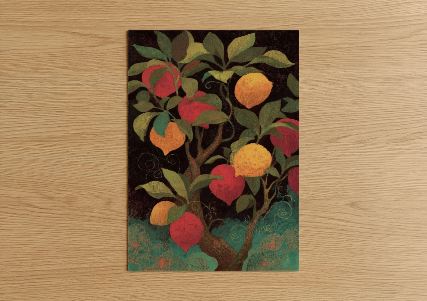 Whimsical Fruit Tree Folk Art Illustration Wall Art