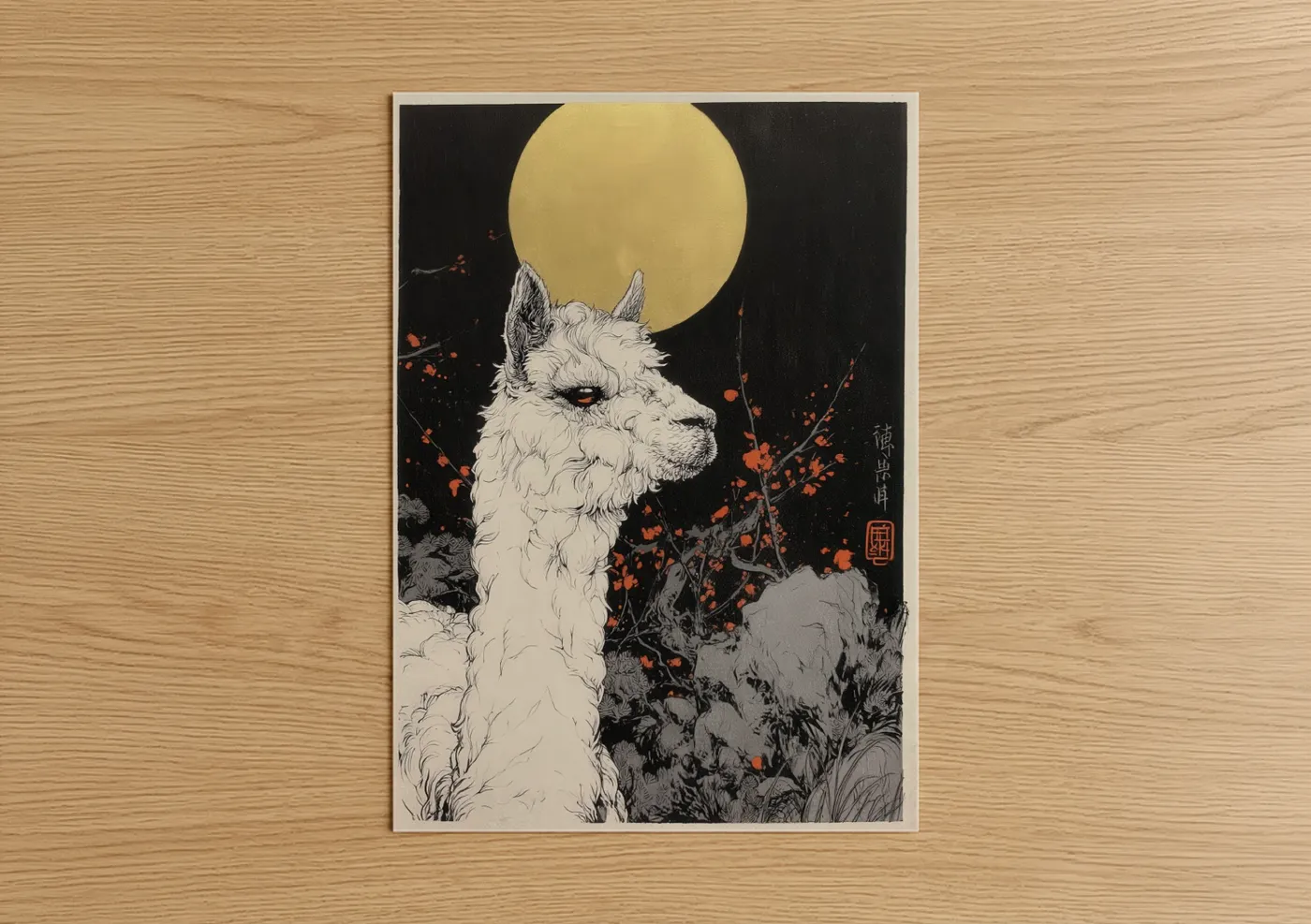 Art print on warm oak wood — black and white and yellow gold palette — Moonlit Alpaca poster