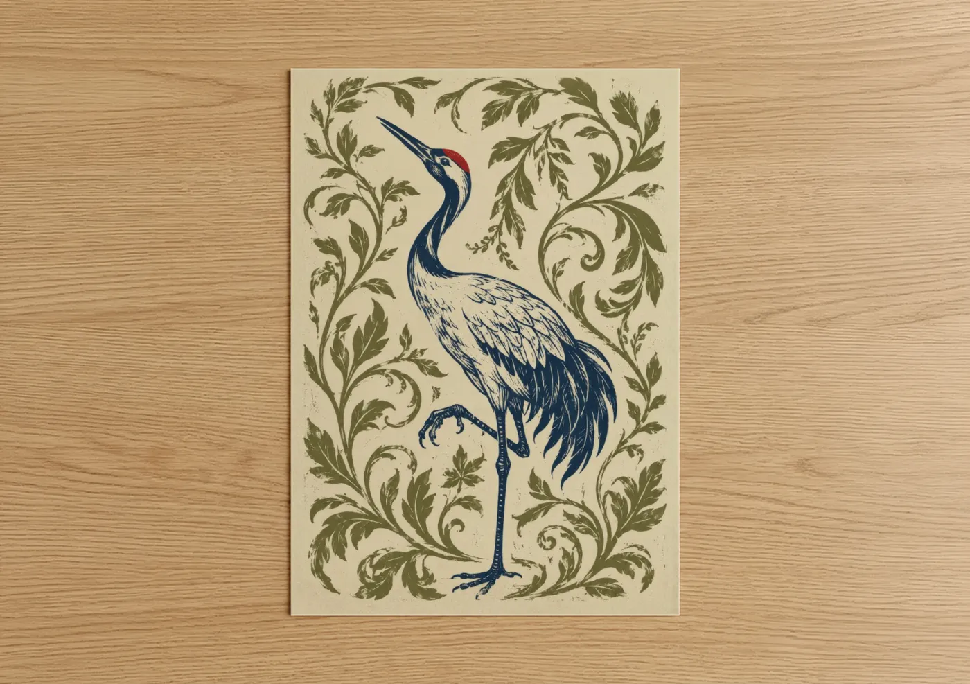 Art print on warm oak wood — blue and olive palette — Blue Crane Botanical Wall Art poster