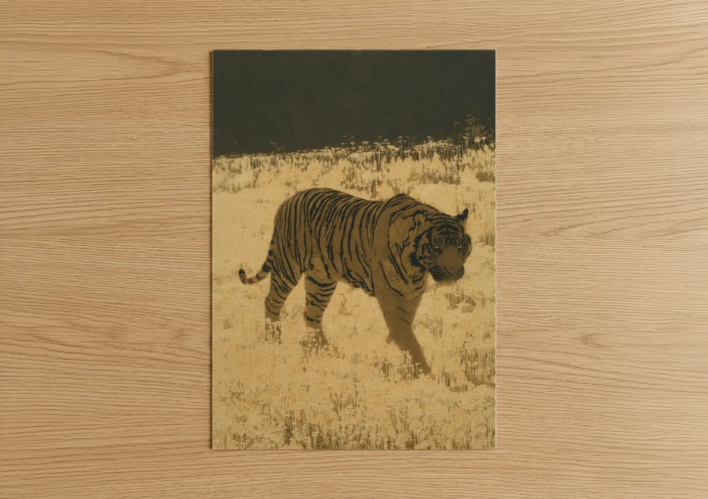Art print on warm oak wood — gold and black palette — Savanna Tiger poster