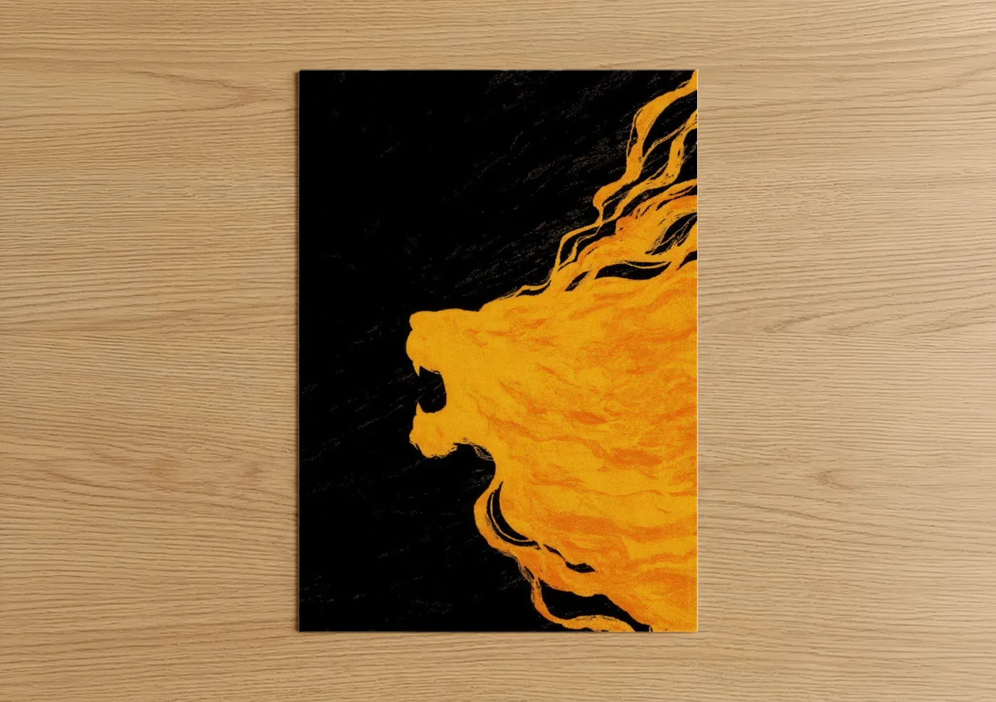 Solar system art print on warm oak wood — gold and black palette — Golden Sun Flare poster