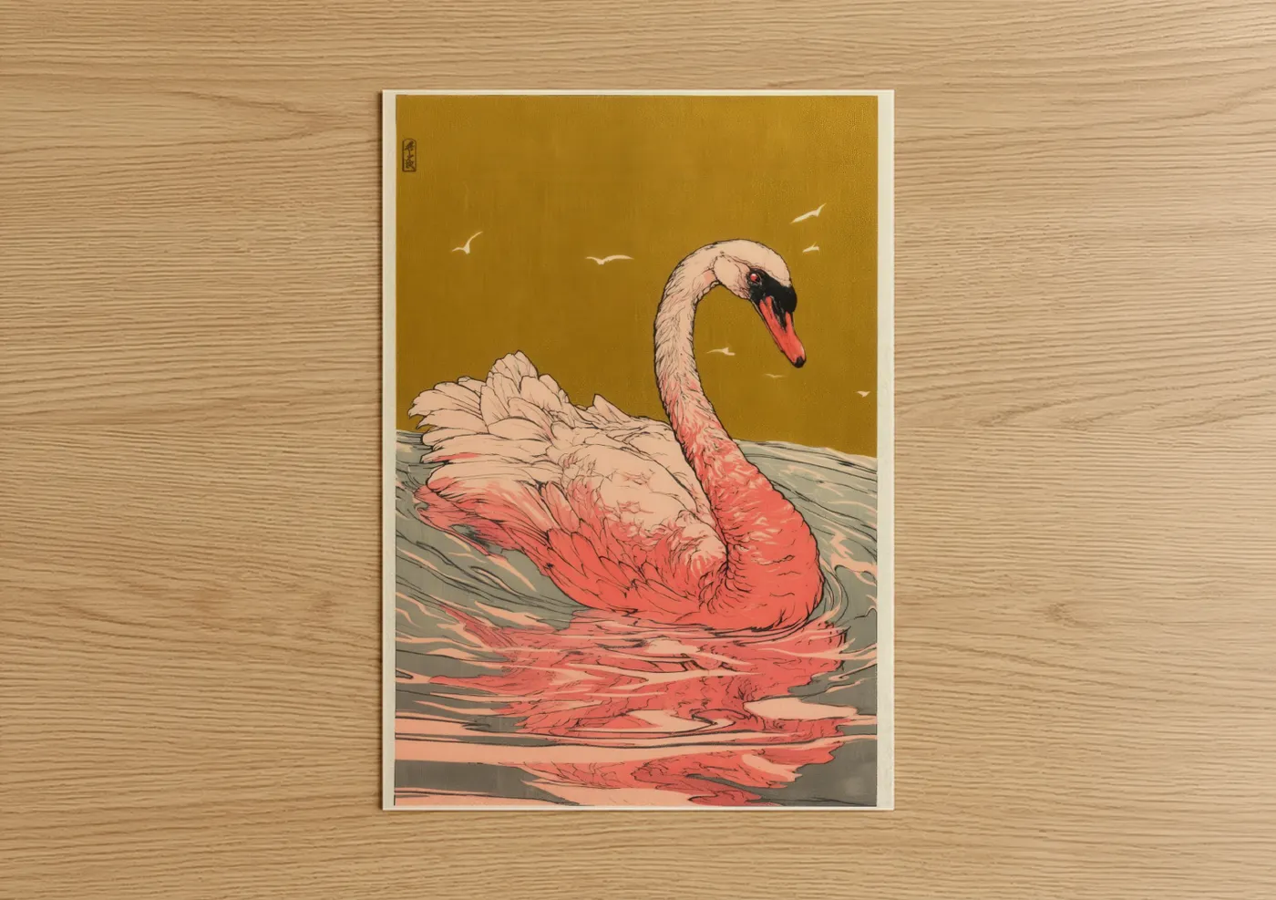 Crimson Swan Japanese Woodblock Wall Art