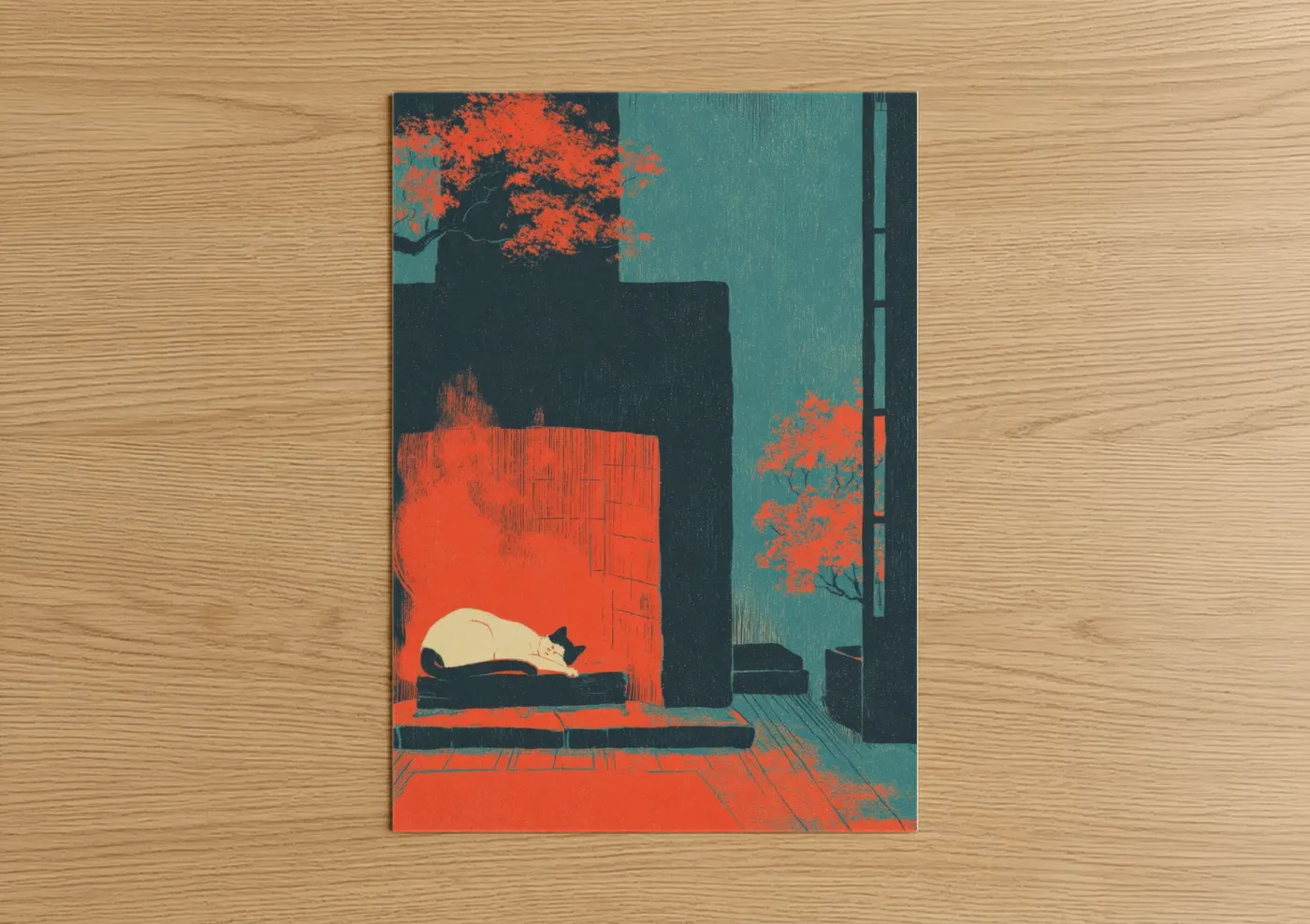 Orange Fireplace Cat Illustration Wall Art