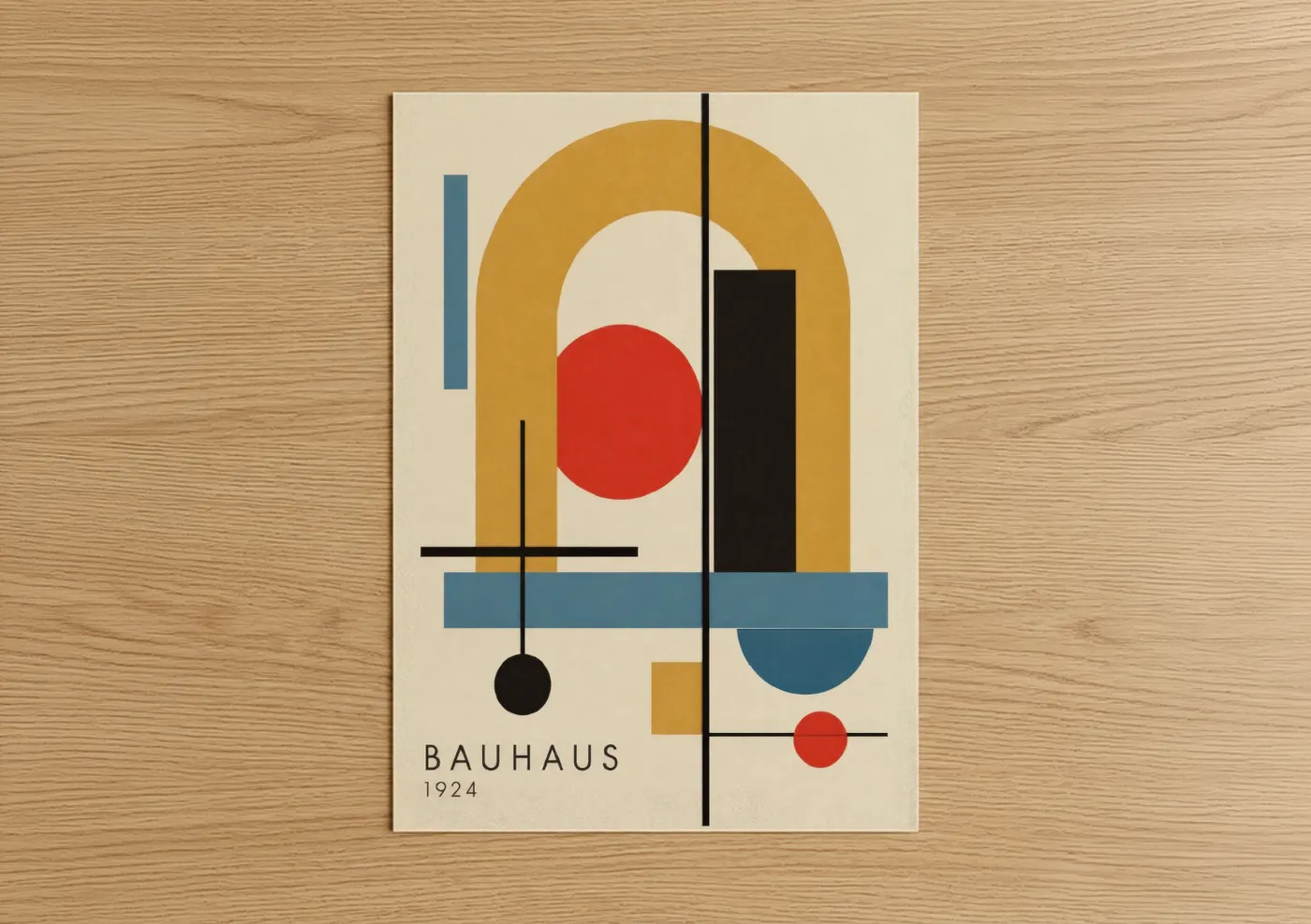 Abstract geometric art print on warm oak wood — mustard and red palette — Bauhaus Geometric Abstract Wall Art poster