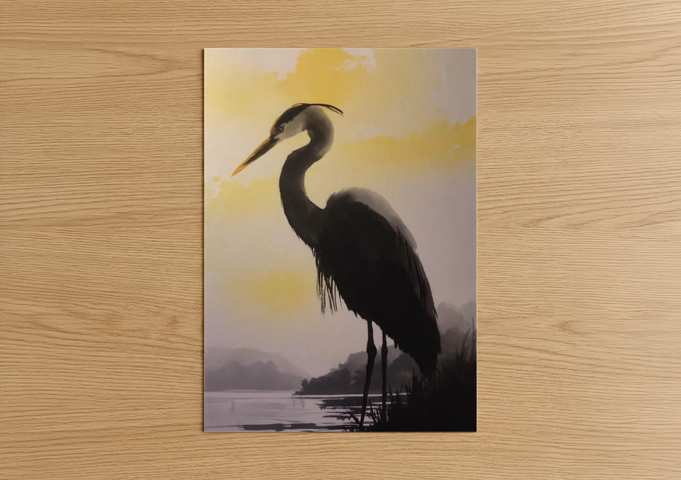 Art print on warm oak wood — yellow gold and gray palette — Misty Heron poster