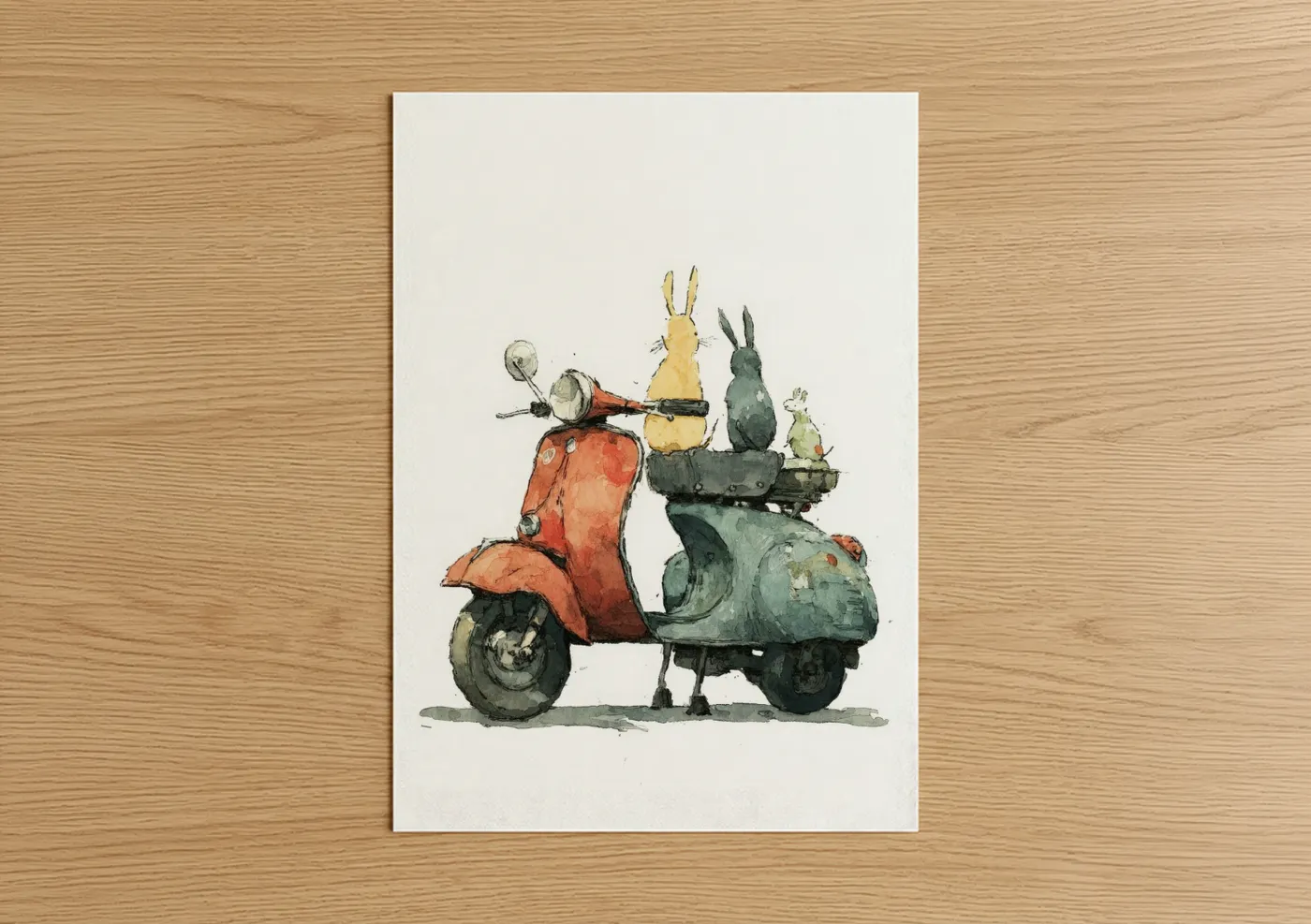 Whimsical Scooter Ride Watercolor Illustration Wall Art