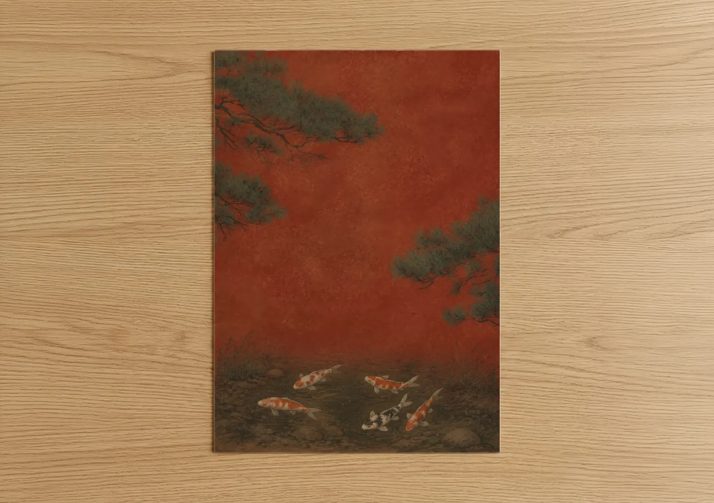 Art print on warm oak wood — red and orange palette — Koi Fish Pond Pine Tree Wall Art poster