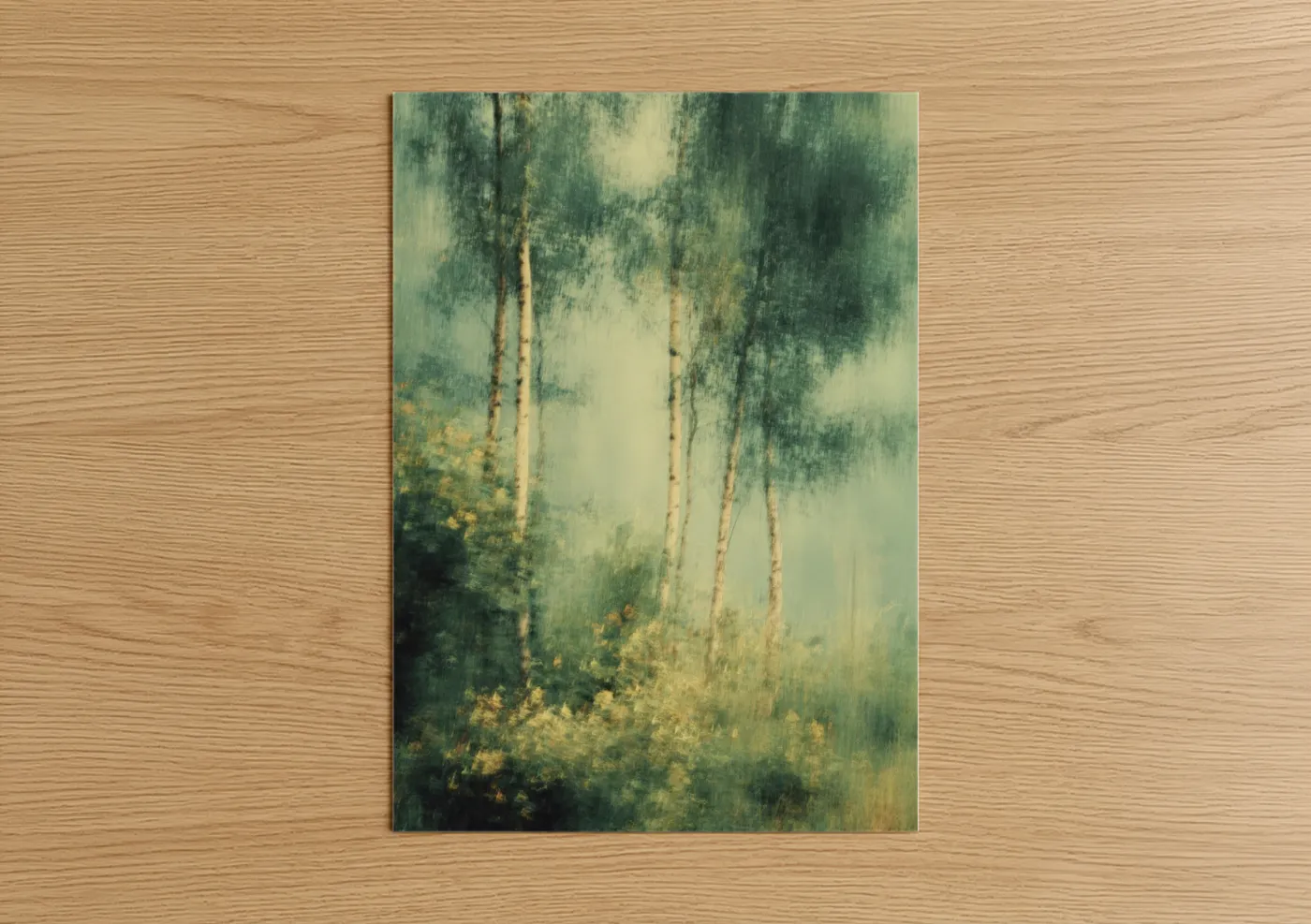 Art print on warm oak wood — green and gold and white palette — Misty Birch Forest poster