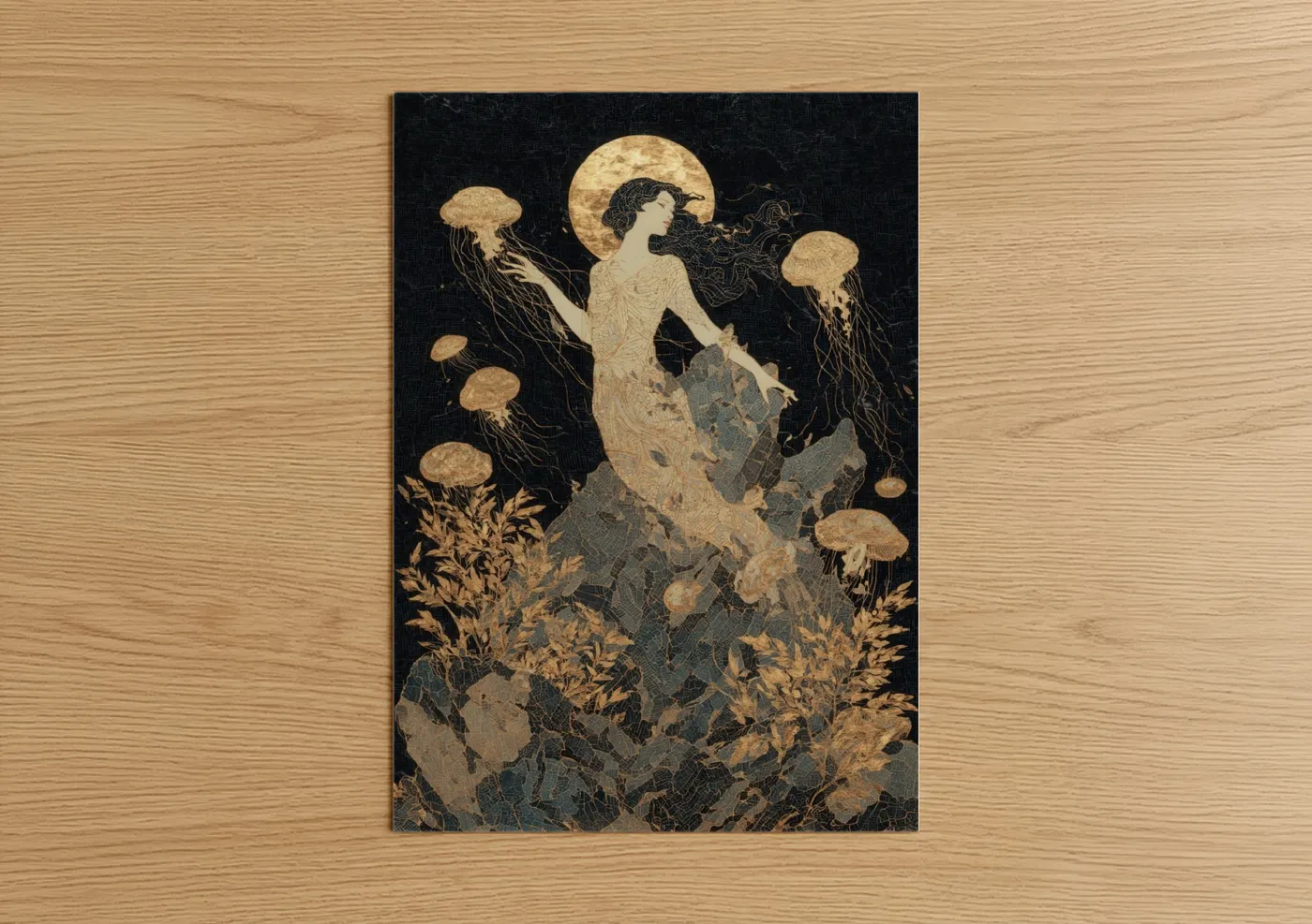 Art print on warm oak wood — black and gold and gray palette — Moonlit Siren poster