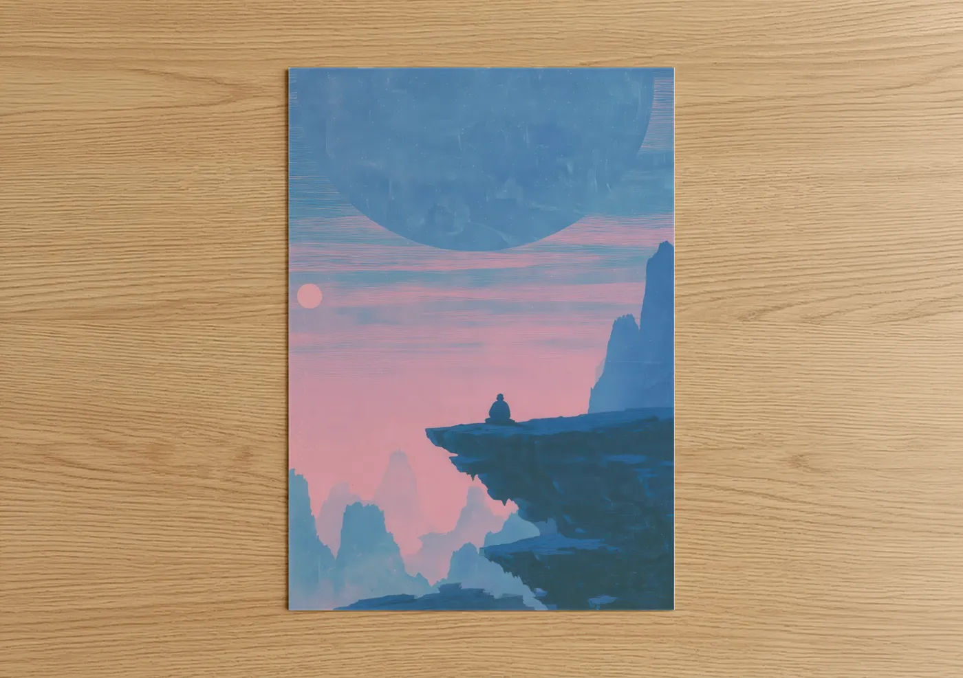 Extraterrestrial art print on warm oak wood — pink and blue palette — Cosmic Solitude poster