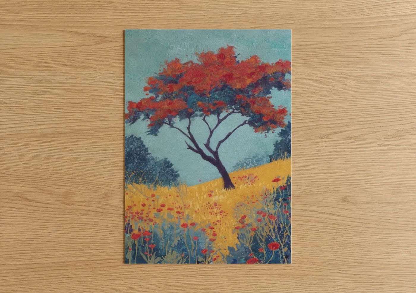 Arbutus tree art print on warm oak wood — red and aquamarine palette — Crimson Arbutus poster