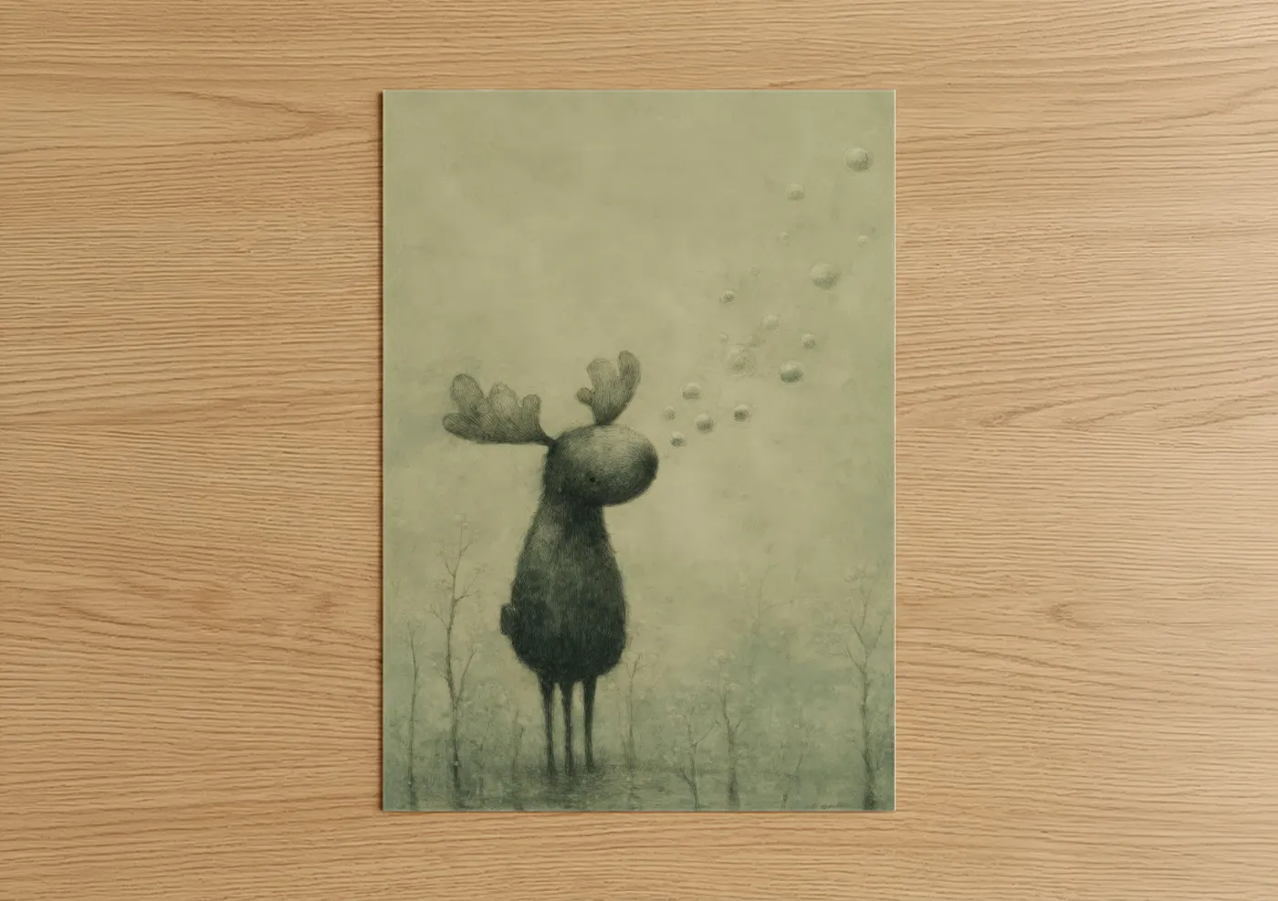 Art print on warm oak wood — beige and gray palette — Dreaming Moose poster