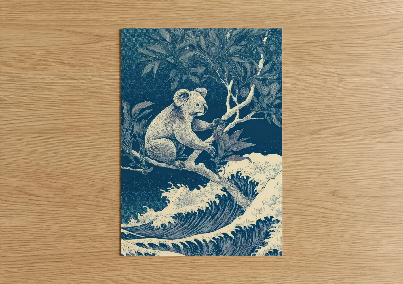 Art print on warm oak wood — dark blue and cream palette — Climbing Koala poster