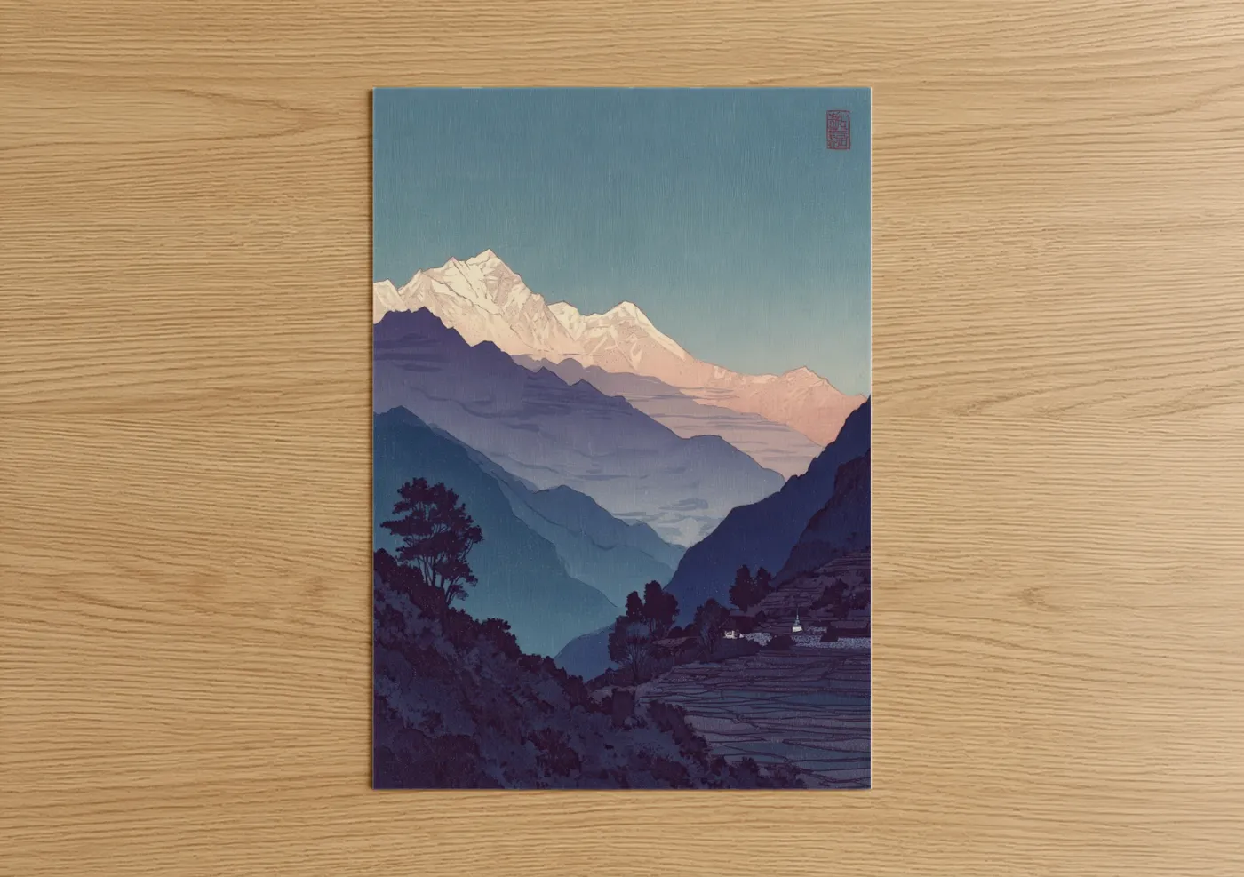 Mount everest art print on warm oak wood — blue and blue and gold palette — Alpine Everest Dawn poster