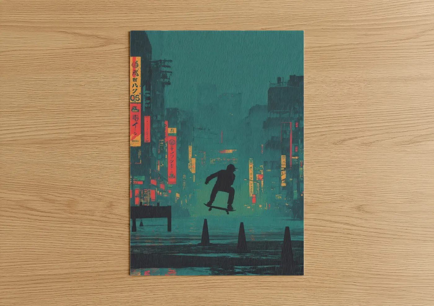 Neon Skateboarder Urban Rain Cyberpunk Wall Art