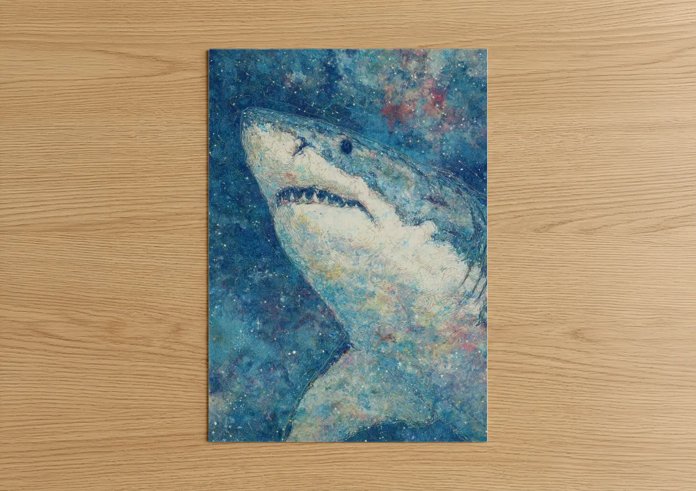 Great white shark art print on warm oak wood — blue and white palette — Cosmic Shark poster