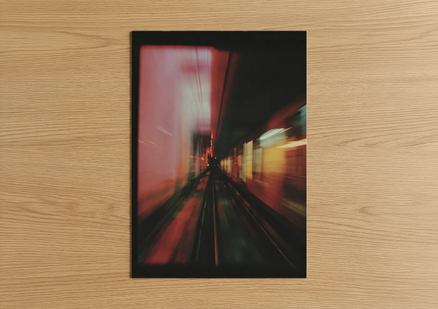 Art print on warm oak wood — red and gold palette — Neon Subway Rush poster