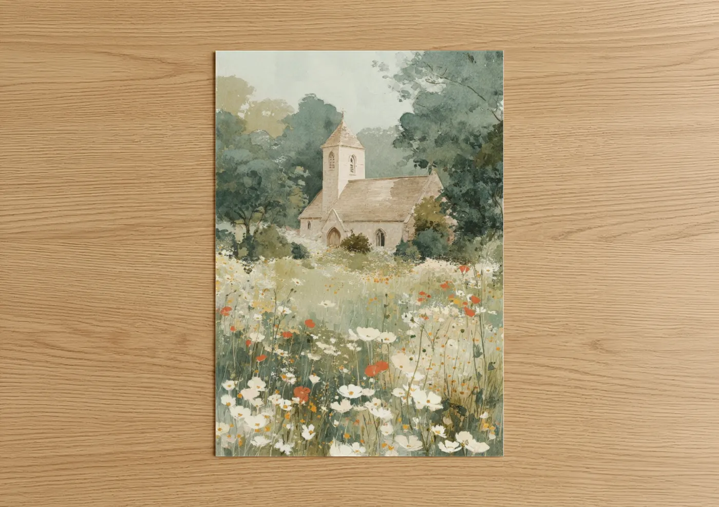 Wildflower Chapel Watercolor Landscape Wall Art
