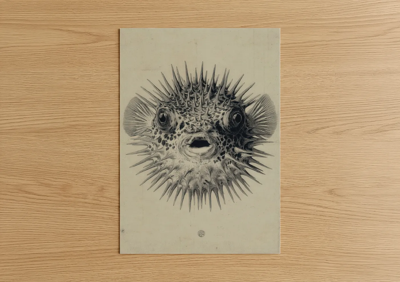 Art print on warm oak wood — black and white palette — Spiky Puffer Fish poster