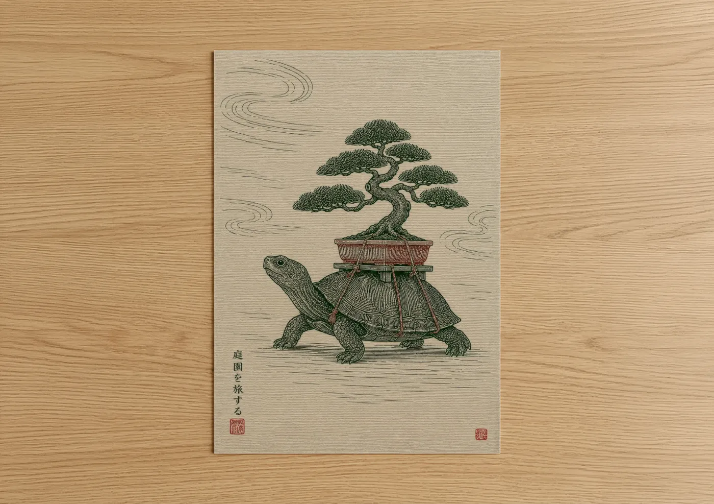 Bonsai tree art print on warm oak wood — beige and true green palette — Japanese Bonsai Turtle Wall Art poster