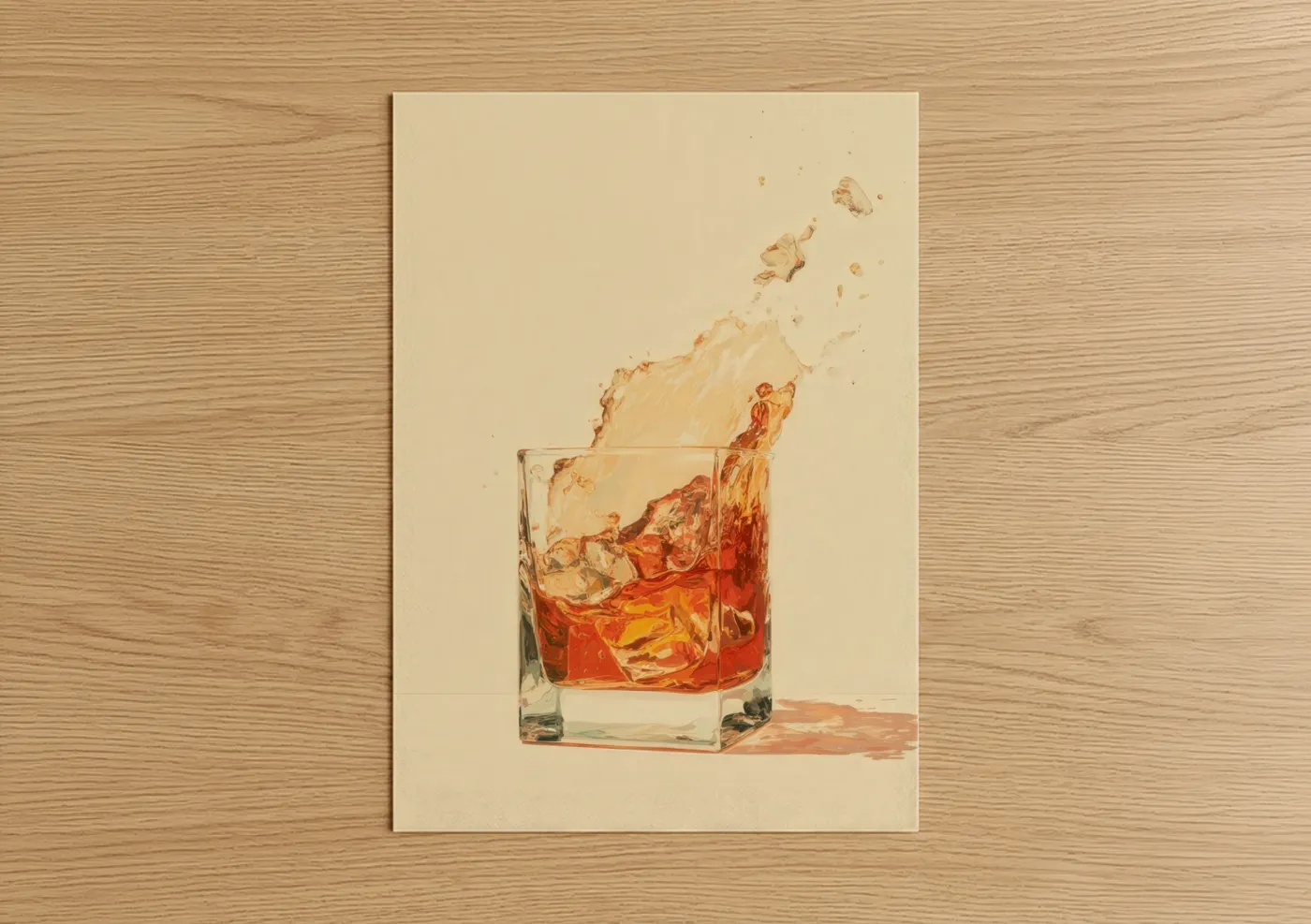 Art print on warm oak wood — gold and cream palette — Whiskey Splash poster