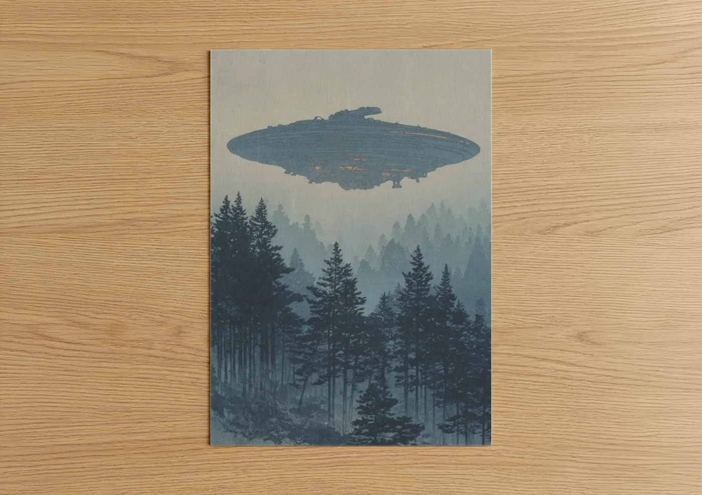 Art print on warm oak wood — dark blue and gray palette — Forest UFO Encounter poster