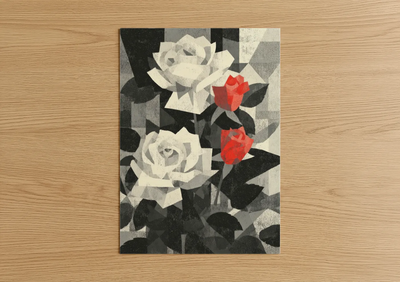 Geometric Roses Red and White Abstract Wall Art