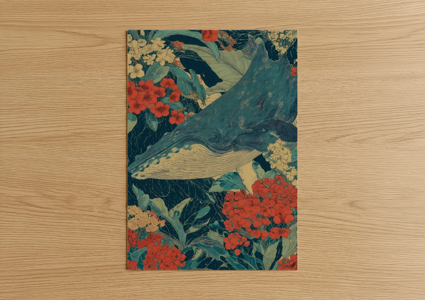 Blue Whale Floral Garden Illustration Wall Art