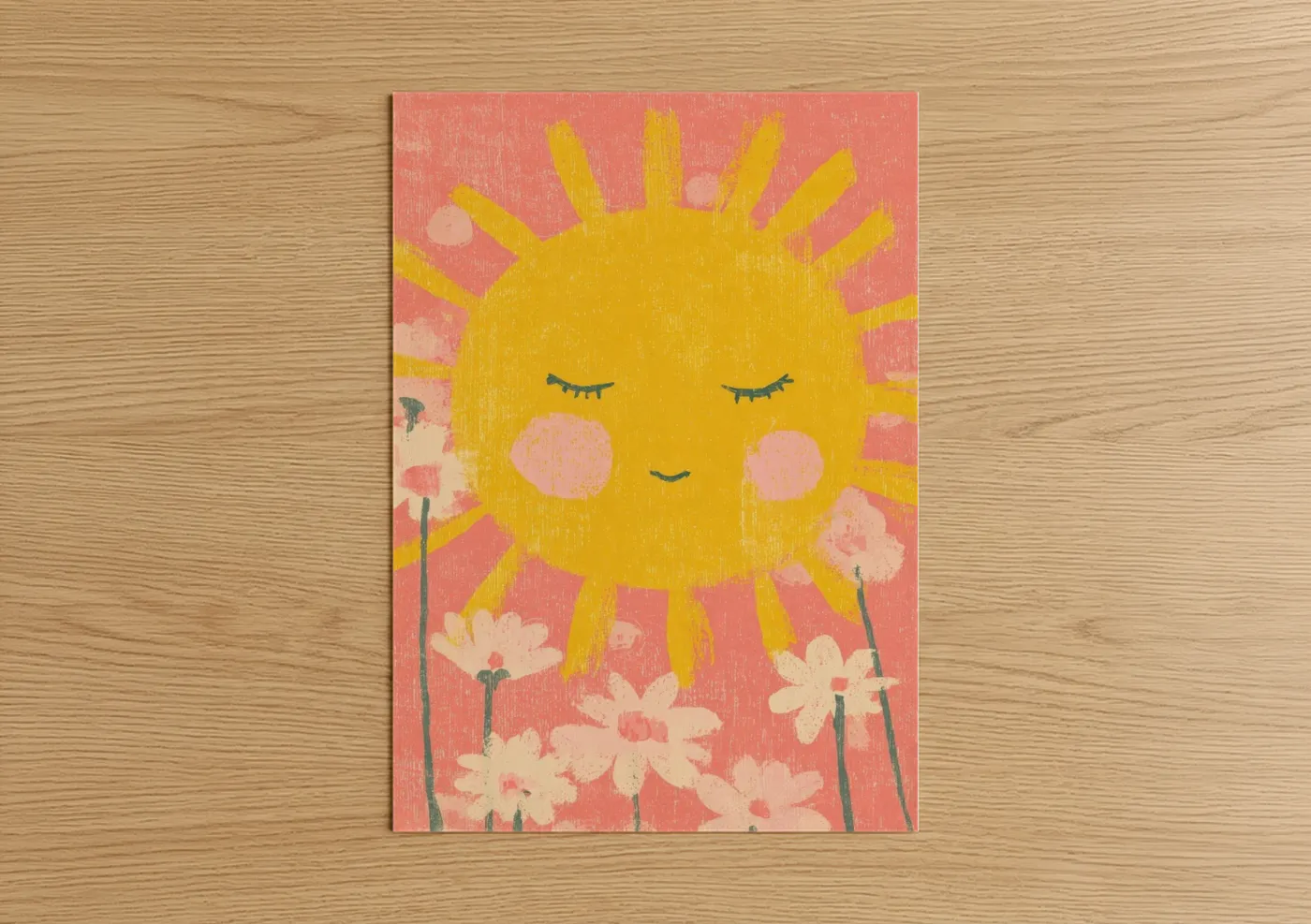 The sun art print on warm oak wood — yellow gold and peach palette — Cheerful Sun poster