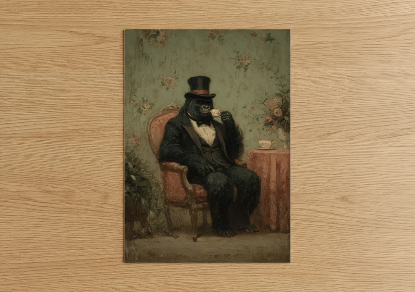 Art print on warm oak wood — sage green and peach palette — Dapper Gorilla poster