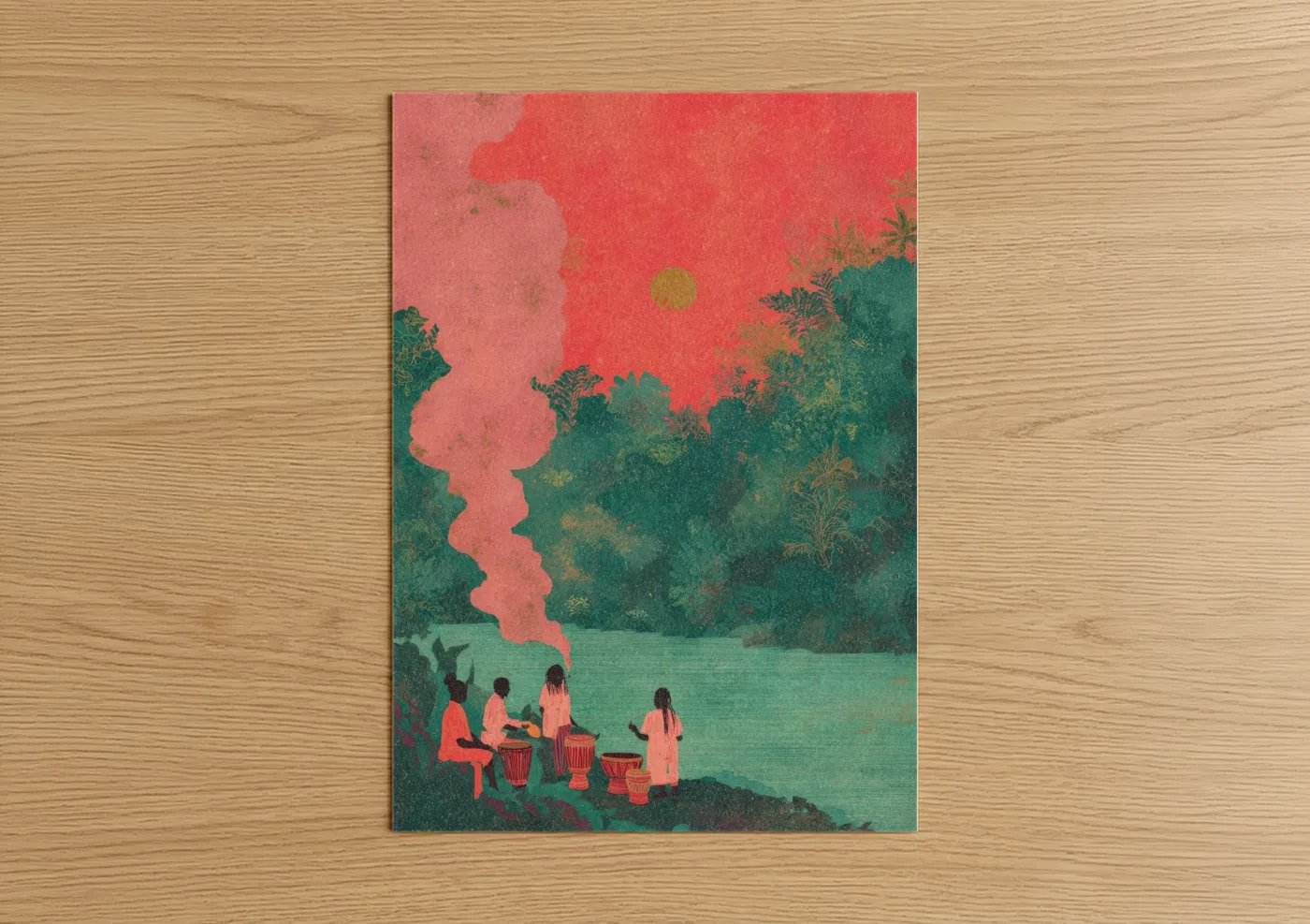 Art print on warm oak wood — salmon pink and true green palette — Lakeside Reggae poster