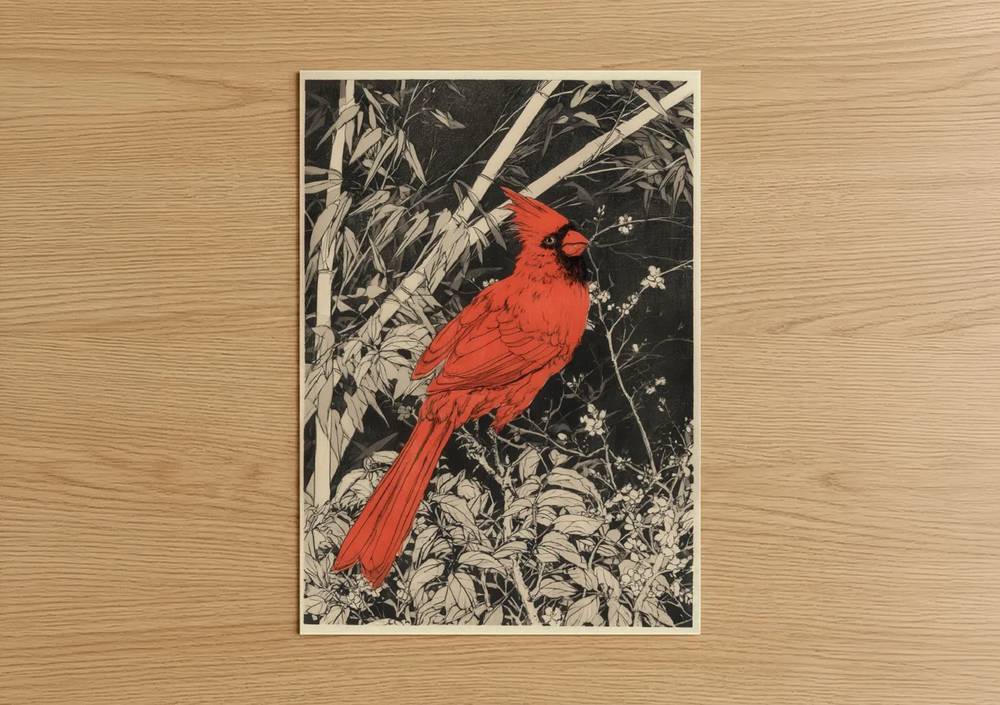 Crimson Cardinal Garden Woodblock Wall Art