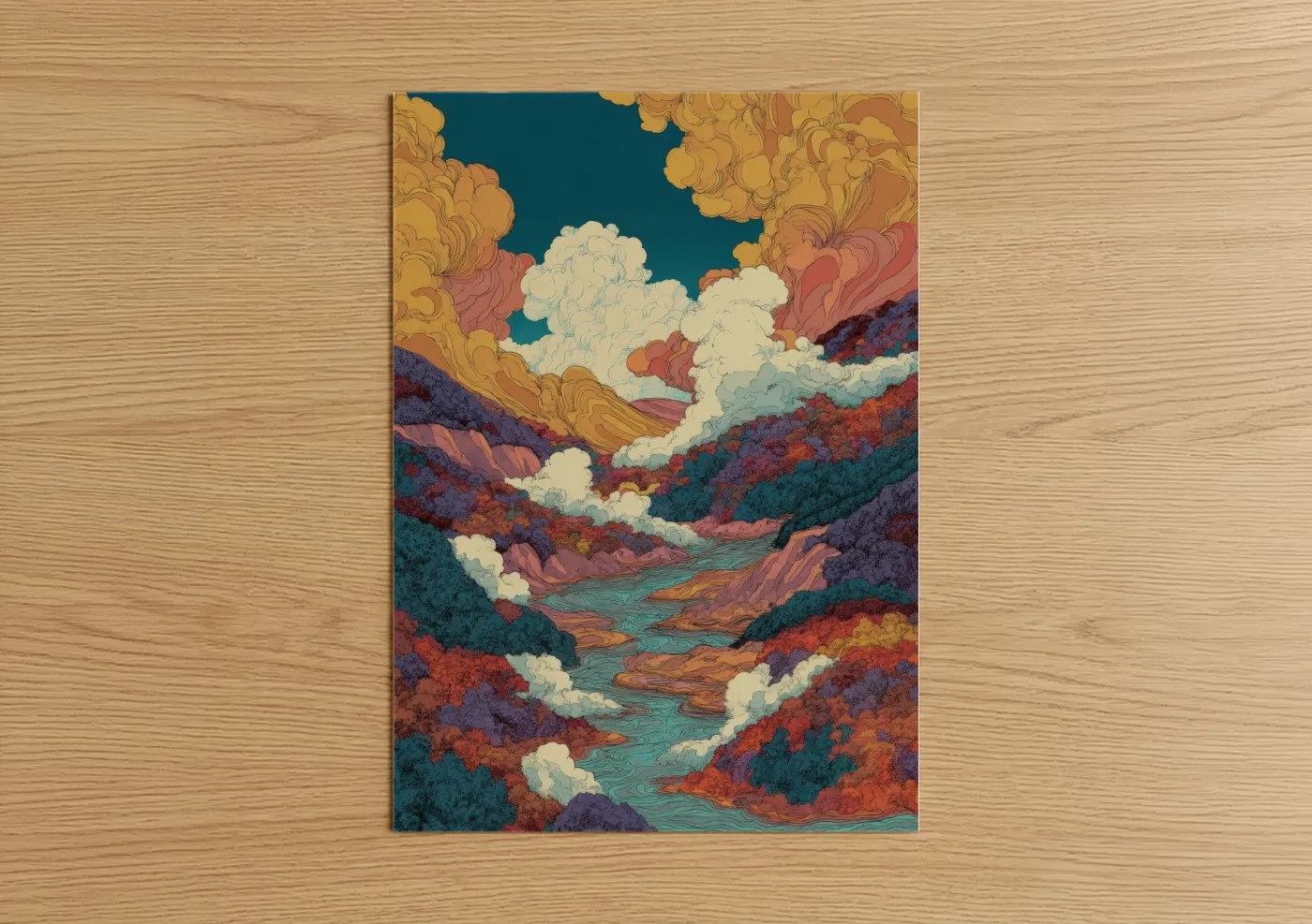 Art print on warm oak wood — teal and gold palette — Autumn Canyon Vista poster