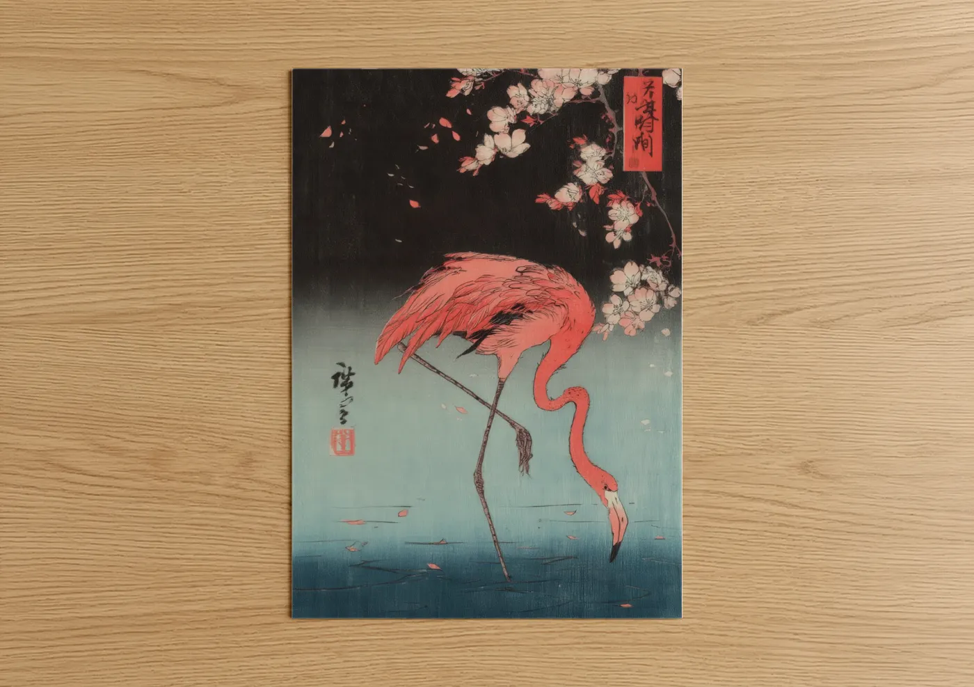 Crimson Flamingo Cherry Blossoms Japanese Wall Art