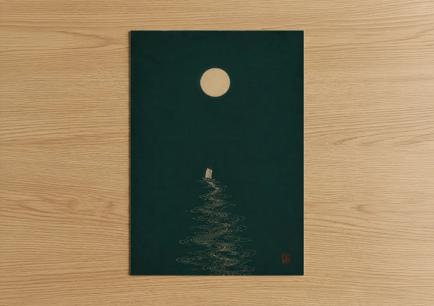 Art print on warm oak wood — beige and dark green palette — Moonlit Ocean Sailing Ship Wall Art poster